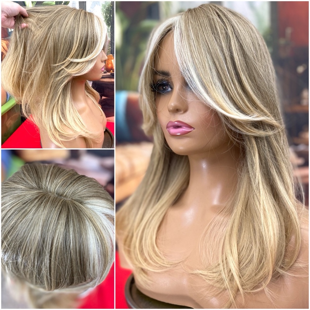 Layers blonde wig with face framing highlights